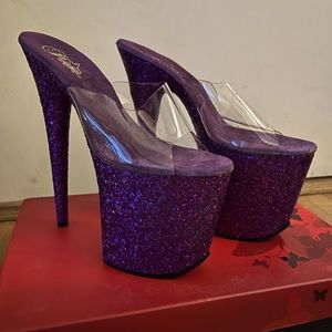 Sparkly Purple Pleaser heels size 10 w 8 inch heel 4 inch platform & clear strap